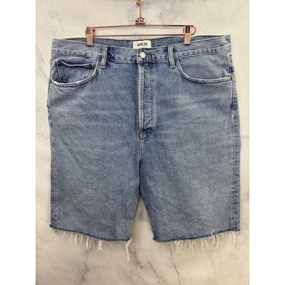 Agolde 90s Denim Shorts Marquee Blue Womens Size 34 Raw Hem long Retro High rise - Picture 12 of 16